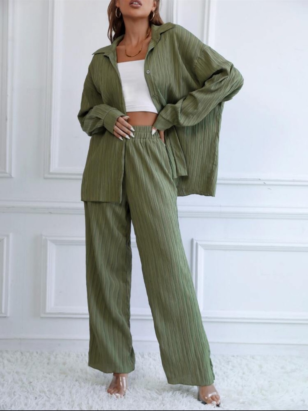 Olive Green Wide-Leg Pleated Pants - Women